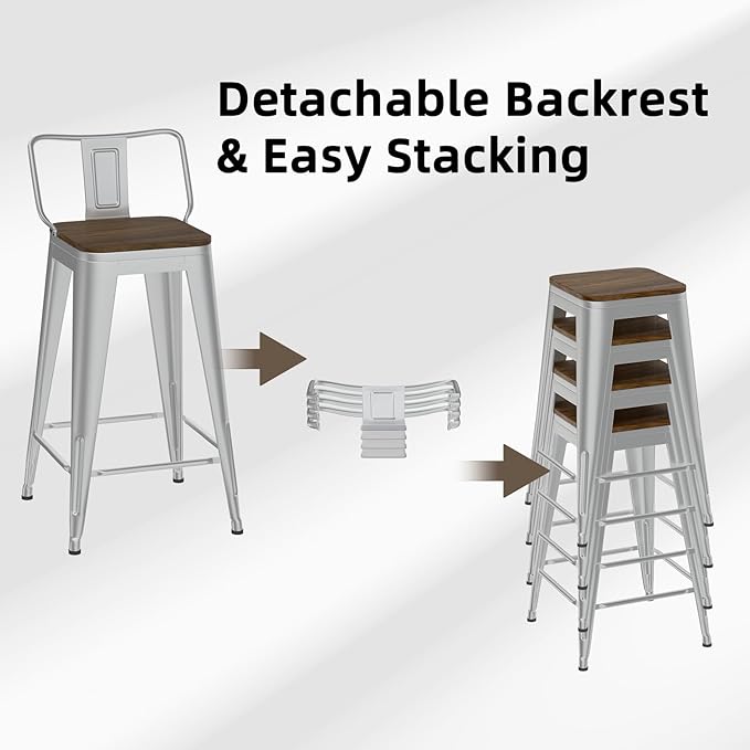 24 Inch Swivel Bar Stools Set of 4, Counter Height Bar Stools with Low Back, Metal Industrial Bar Chairs for Kitchen Island (Silver)