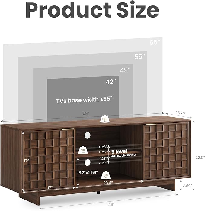 COLAMY TV Stand with Two Doors, Entertainment Center 59" with Adjustable Shelves and Storage, Mid-Century Modern TV Stand for 50/55/65 inch TV, Media Console Cabinet for Living Room, Bedroom Walnut