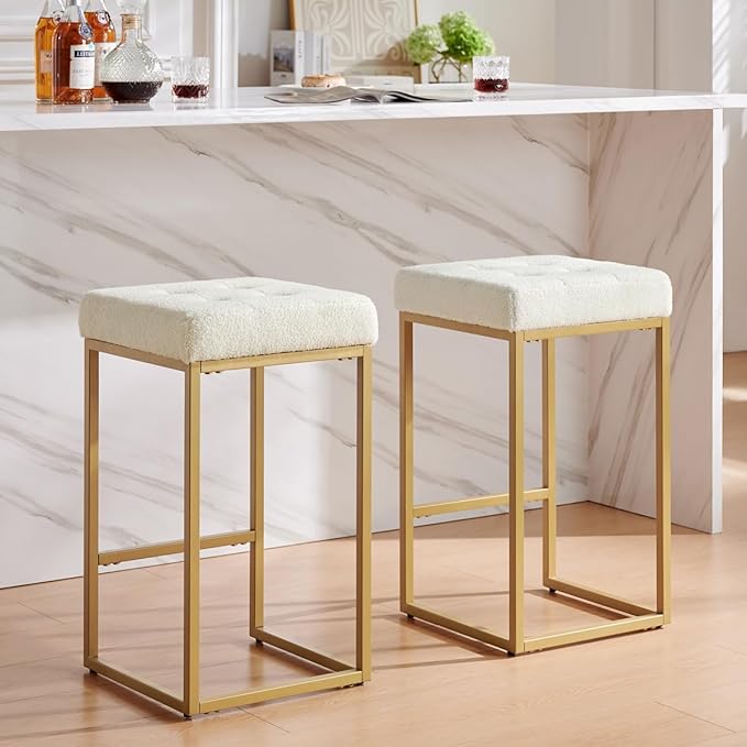 24KF Contemporary Counter Height Bar Stool Set of 2 for Kitchen Island, 26" H Teddy Fabric Padded Gold Barstool Bar Chair,5066-Teddy Cream