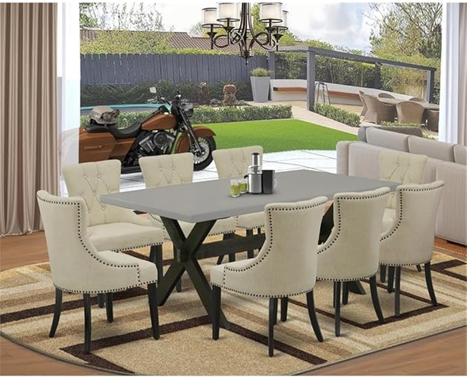 East West Furniture X697FR102-9 9 Piece Dining Set Includes a Rectangle Dining Room Table with X-Legs and 8 Light Beige Linen Fabric Upholstered Chairs, 40x72 Inch, Multi-Color