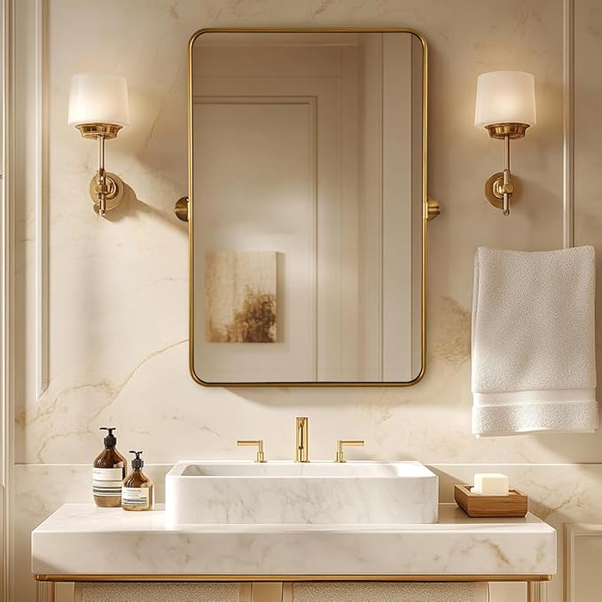 ANDY STAR Gold Pivot Mirror, 20" x 28" Brushed Brass Metal Frame Vanity Mirrors for Over Sink, Farmhouse Rectangle Bathroom Mirror with Adjustable Tilting Design Wall Mounted