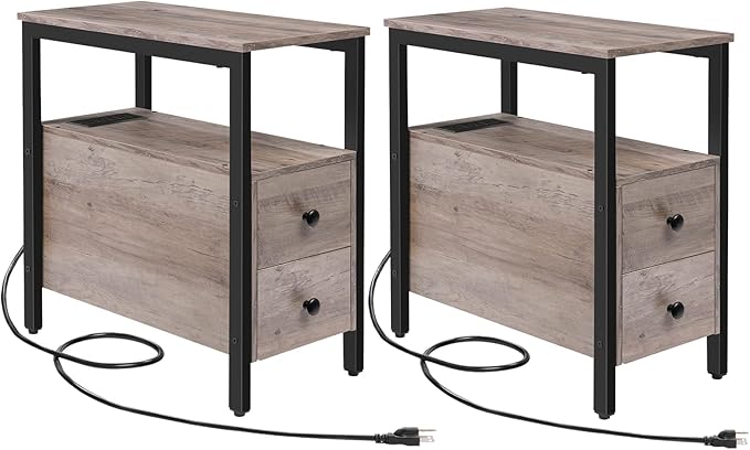 HOOBRO Set of 2 End Tables with Charging Station, Narrow Side Table with Drawers & USB Ports & Power Outlets, Nightstand for Small Spaces, Living Room, Stable, Greige and Black BG541BZP201