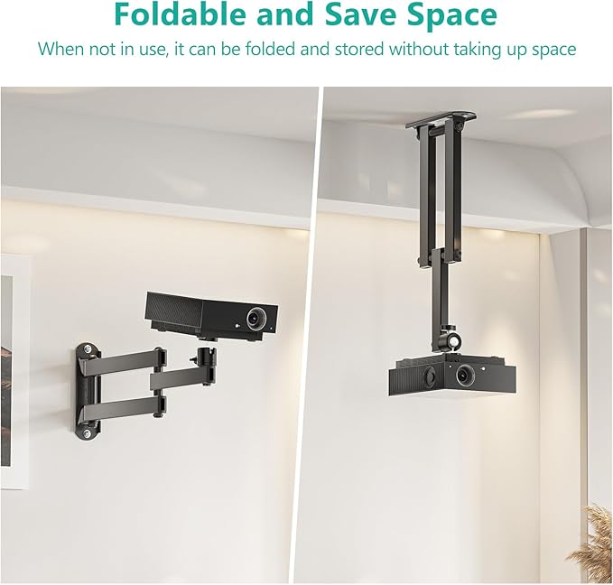 WALI Foldable Projector Wall Mount Universal Adjustable Wall Projector Mount Aluminum Alloy Projectors Stand,1/4" M4 M6 Screw Size,(1330LM-PM), Black
