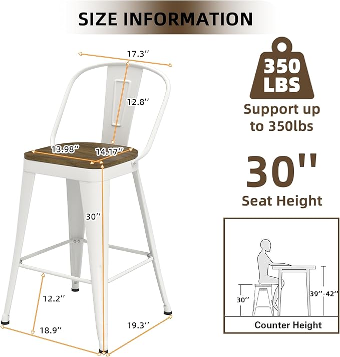 Metal Bar Stools Set of 4, High Back Bar Stools with Wooden Seat, 30 inch White Barstools for Kitchen Island