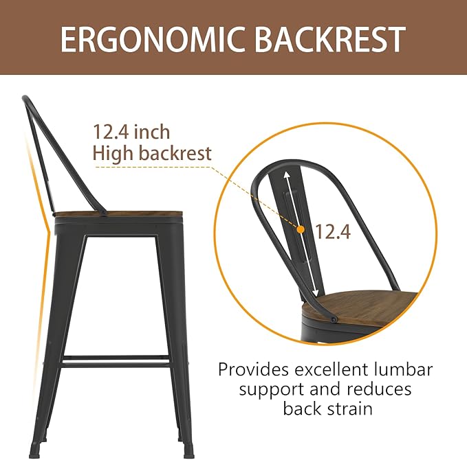24” Swivel Bar Stools Set of 4, Counter Height Bar Stools Wooden Seat, Metal Industrial Bar Chairs with High Back for Kitchen Island (Black)