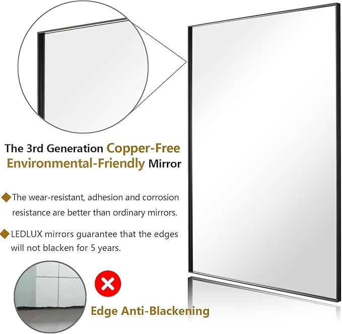 28x28 Inch Black Bathroom Mirror, Copper-Free Aluminum Alloy Frame Vanity Mirror, Rectangle Wall Mounted Modern Mirror for Bedroom/Living Room/Porch Horizontal or Vertical
