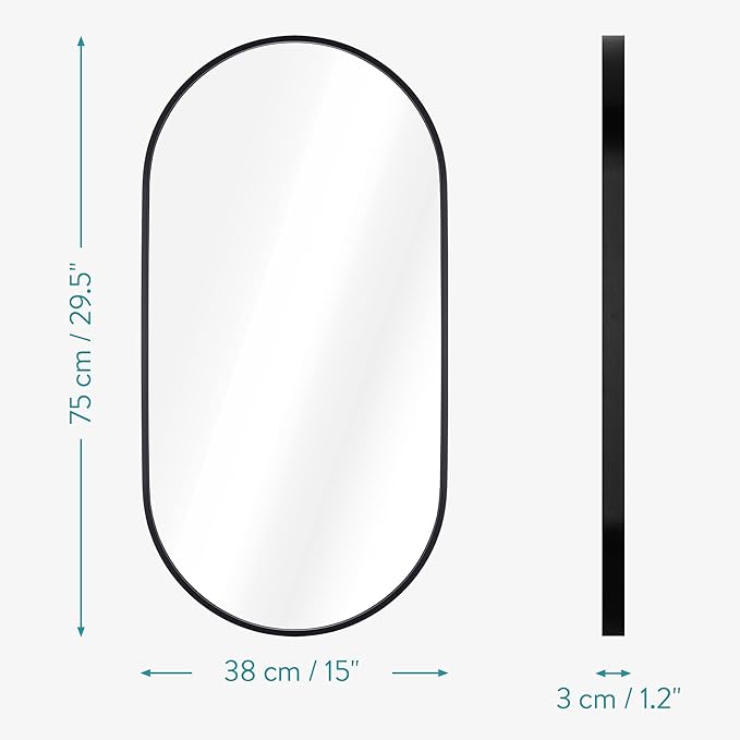 Navaris Oval Wall Mirror - 29.5" x 15" - Wall Mounted Hanging Mirror with Black Rustproof Aluminum Frame - Mirror for Bathroom Restroom Hallway