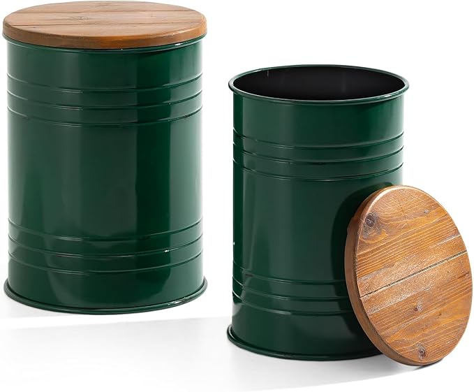 Glitzhome Farmhouse Accent Side Table, Metal Storage Stool Ottoman with Round Lid - Galvanized Coffee Cocktail End Tables Set of 2 for Living Room Bedroom, Hunter Green