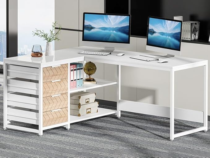 Tribesigns L Shaped Computer Desk with Storage Drawers, 59 inch Corner Desk with Shelves, Reversible L-Shaped Office Desk Study Writing Table Workstation for Home Office, White