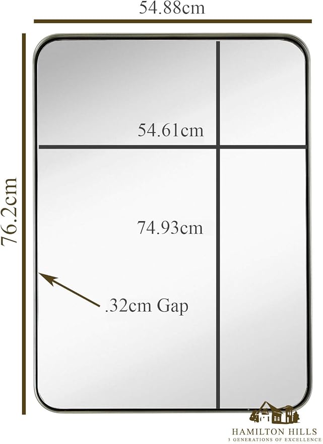 Hamilton Hills 22x30 inch Metal Silver Frame Bathroom Mirror - Brushed Steel Rectangular Rounded Corner Vanity - 2 Inch Deep Set Design - Large Wall Mirror, Hangs Horizontal and Vertical