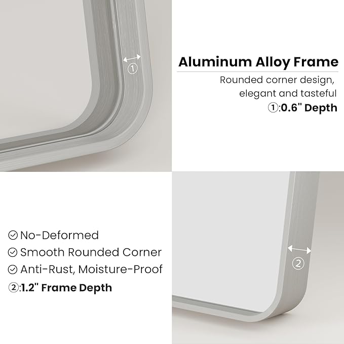 22x30 Inch Brushed Nickel Bathroom Mirror, Thick Silver Metal Rectangle Frame Wall Mirror, Modern Round Corner Bathroom Vanity Mirror for Over Sink, Bedroom, Living Room, Entryway