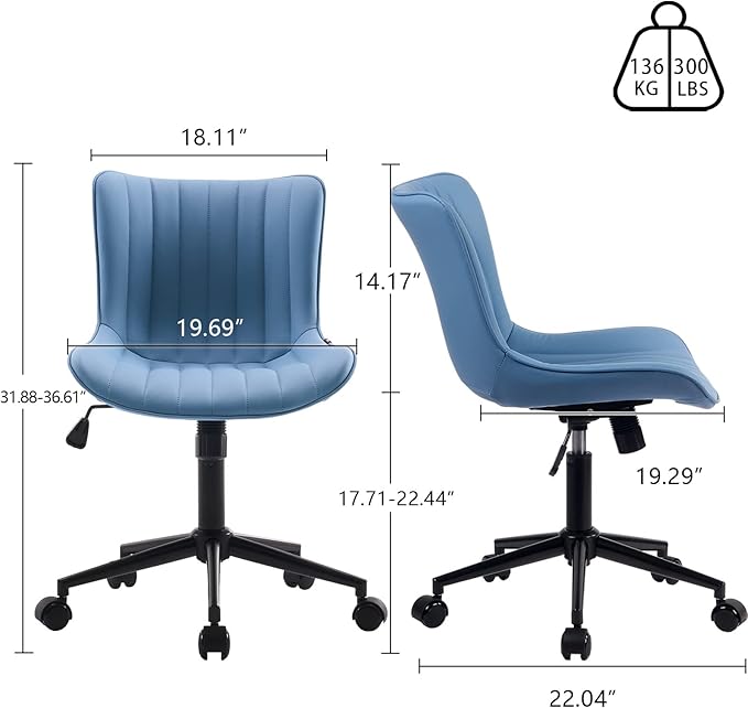 YOUNIKE Blue Home Office Desk Chair with Wheels Compact Comfy Armless Vanity Chair with Back Modern Small Leather Upholstered Rolling Task Chair Cute Computer Drafting Sewing Chair Swivel Adjustable