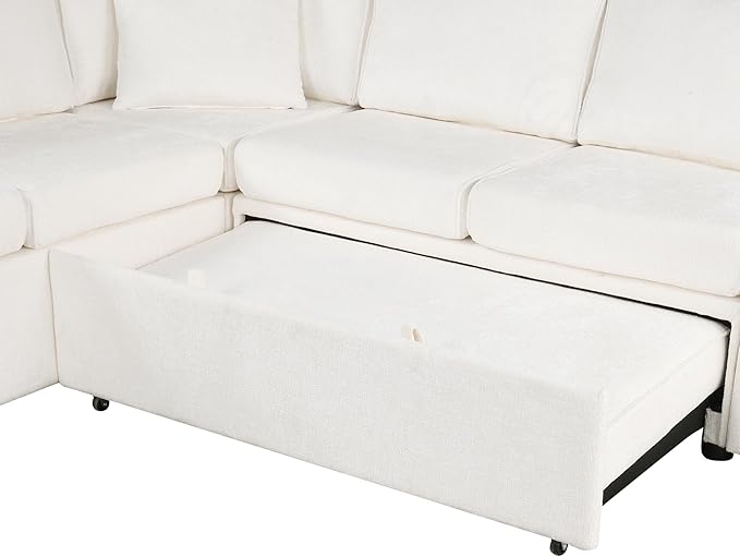 112" Luxurious Pull-out Sofa Bed Sleeper with Storage Ottoman,Sectional Sleeper Couch W/ 3 Pillows,2 USB ports & 2 Power Sockets,Corner Furniture Set for Living Room Large Space,Cream Chenille