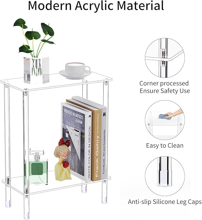 Clear Acrylic Narrow Side Table for Small Spaces, 15.75" L x 7.87" W x 19.82" H, 2 Tier Rectangle Slim End Table Nightstand, Small Skinny Bedside Table for Bedroom, Bathroom, Living Room