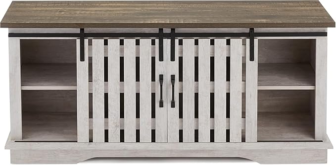 ROCKPOINT Modern Farmhouse Sliding Fence Door Stand for TVs up to 65 Inches, 58inch, White Wash
