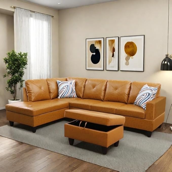 NAYSAYE L Shaped Couch, Leather Modular Sectional Couch with Ottoman Storage, Modern Lounge Sofa Convertible Sectional Couches for Living Room, Apartment, Ginger