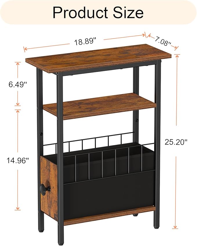 Snughome Narrow Side Table for Small Spaces, Slim End Table 3 Tier, Skinny Nightstand with Drawer, Sofa Beside Table with Storage Shelf for Living Room Bedroom