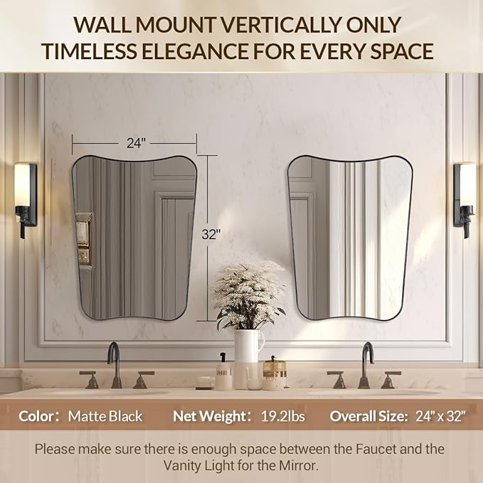 Black Bathroom Vanity Mirrors, 24 x 32 Irregular Wall Mirror with Black Trim Frame, Modern Asymmetrical Wall Mirror, Unique Shaped Decorative Mirrors for Living Room, Bedroom, Fireplace