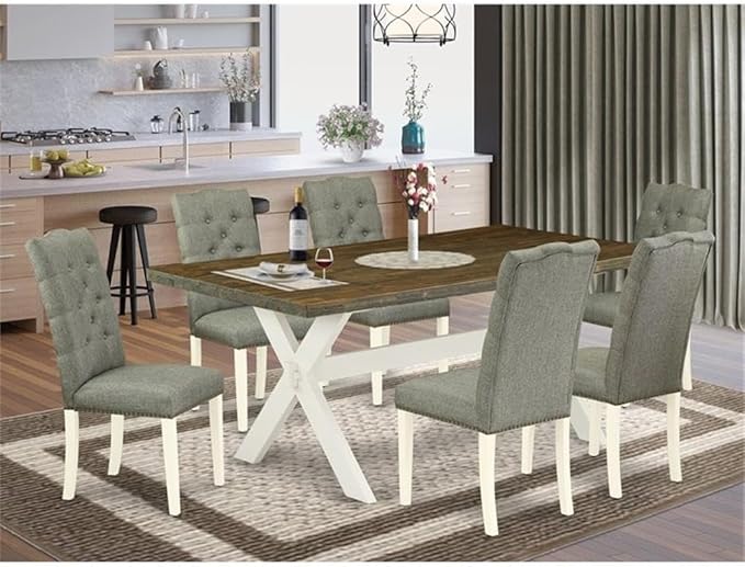 East West Furniture X077EL207-7 7 Piece Dining Room Table Set Consist of a Rectangle Dining Table with X-Legs and 6 Gray Linen Fabric Upholstered Parson Chairs, 40x72 Inch, Multi-Color