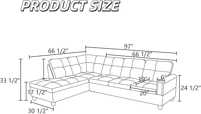 L Shaped Couch Sectional Couches with Chaise, 3 Pieces Modular Convertible Sofa for Living Room Furniture Sets and Small Apartment Faux Leather, Black