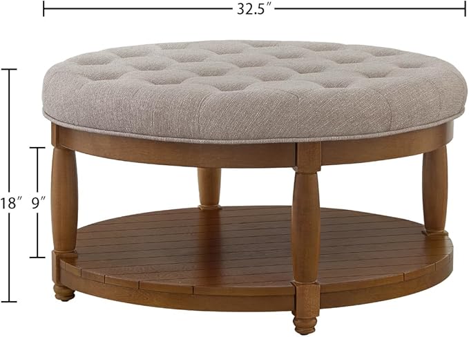 24KF Upholstered Round Coffee Table with Wooden Shelf, Tufted Button Large Round Ottoman with Spindle Wooden Legs, Linen Large Footrest Ottoman Pouf for Living Room, Linen