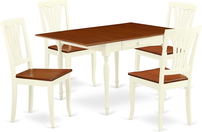 East West Furniture MZAV5-WHI-W 5 Piece Kitchen Table & Chairs Set Includes a Rectangle Dining Room Table with Dropleaf and 4 Dining Chairs, 36x54 Inch, Buttermilk & Cherry
