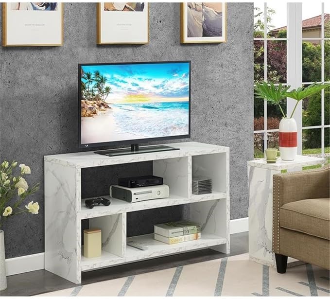 Convenience Concepts Northfield TV Stand Console with Shelves, White Faux Marble