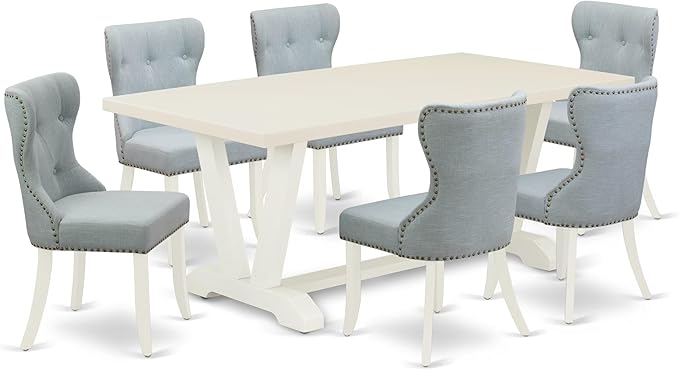 East West Furniture V027SI215-7 7 Piece Dining Room Table Set Consist of a Rectangle Kitchen Table with V-Legs and 6 Baby Blue Linen Fabric Parson Dining Chairs, 40x72 Inch, Multi-Color