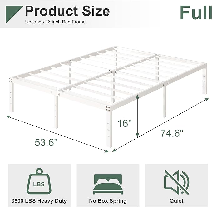 16 Inch White Full Size Bed Frame No Box Spring Need, Metal Platform Full Bed Frames with High Storage, Eassy Assembly 3,500 lbs Heavy Duty Bedframes