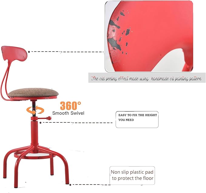 Topower Home Kitchen Stool, Industrial Counter Stool, Height Adjustable Swivel Bar Stools Indoor House Design with Iron Backrest Antique Red Set of 2