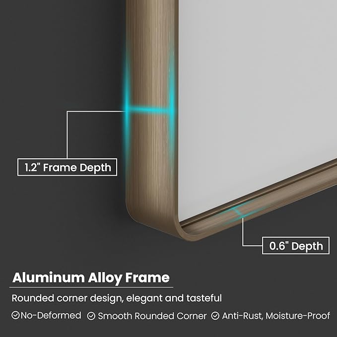 Bronze Bathroom Mirror 55x30 Inch, Brushed Bronze Metal Frame Mirror for Wall, Rounded Rectangle Bathroom Vanity Mirror with Tempered Glass, Anti-Rust, Horizontal/Vertical