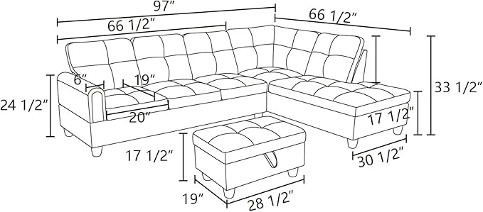 L-Shaped Sectional Sofa with Ottoman, Right-Facing Modern Microfiber Couch for Living Room, Bedroom, Office, Dark-Blue