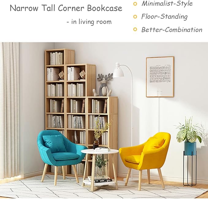 IOTXY Small Narrow Corner Bookcase - 59 Inches Tall Gap Freestanding Storage Cabinet, 7 Lattices Open Shelves Tower Rack, Cubes Bookshelf in White