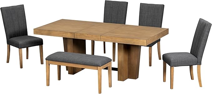 Ball & Cast 6 Piece Farmhouse Dining Table Set with Extendable Table,4 Upholstered Chairs & 1 Bench,Wooden Kitchen Table Set of 6,Backrest Chair with Table & Upholstery-Bench,for Dining Room,Gray