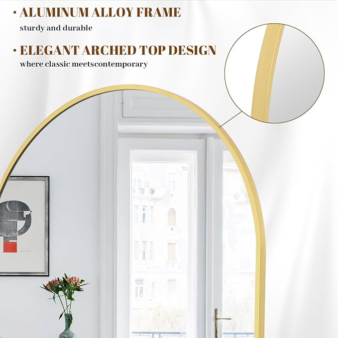 Koonmi Full Length Mirror, 64"x21" Arched Gold Mirror Full Length, Standing Hanging or Leaning Full Body Mirror with Aluminum Alloy Frame for Living Room and Bedroom
