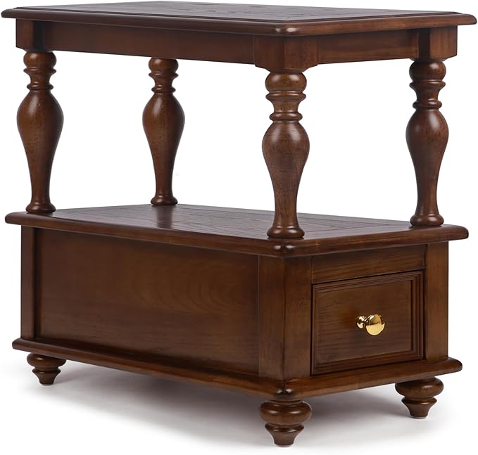 Narrow End Table with 1 Drawer and 2 Hidden Compartments for Living Room, 2-Tier Skinny Couch Side Table with Storage Shelves for Small Spaces, Solid Wood Slim Nightstand for Bedroom, Walnut