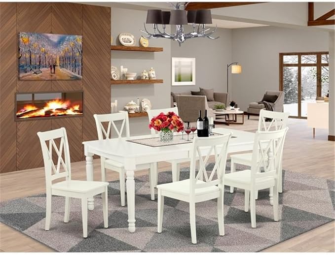 East West Furniture DOCL7-LWH-W 7 Piece Modern Dining Table Set Consist of a Rectangle Wooden Table with Butterfly Leaf and 6 Kitchen Dining Chairs, 42x78 Inch, Linen White