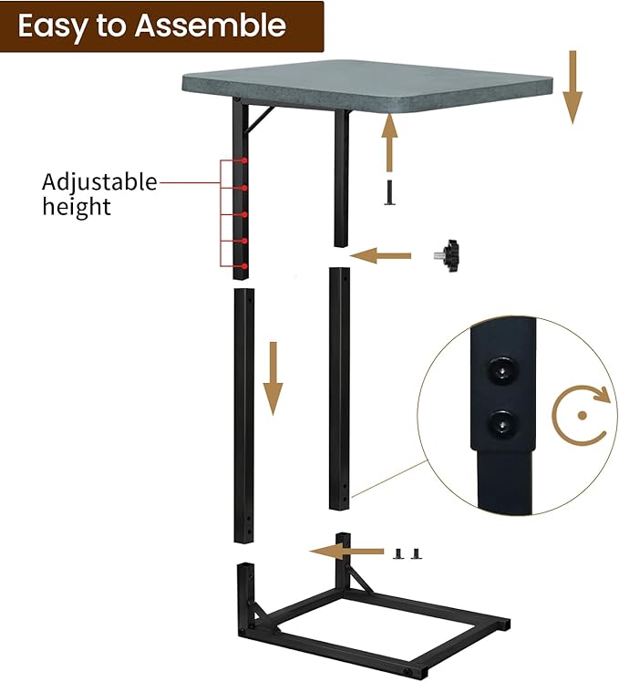 C-Shaped End Table for Couch, Adjustable Sofa Side Table with Sturdy Metal Frame, Small Space Rustic Gray TV Tray Table for Living Room, Bedroom, Bedside, Modern Functional Accent Furniture