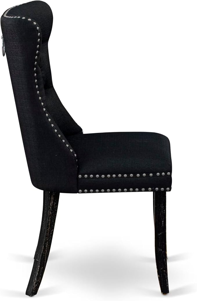 NKDA9-SBB-24-9-pc Dining Room Set Consists of a Rectangular Table and 8 Black Polyester Fabric Dining Chairs with Button Tufted Chair Back - Sand Blasting Black Finish.
