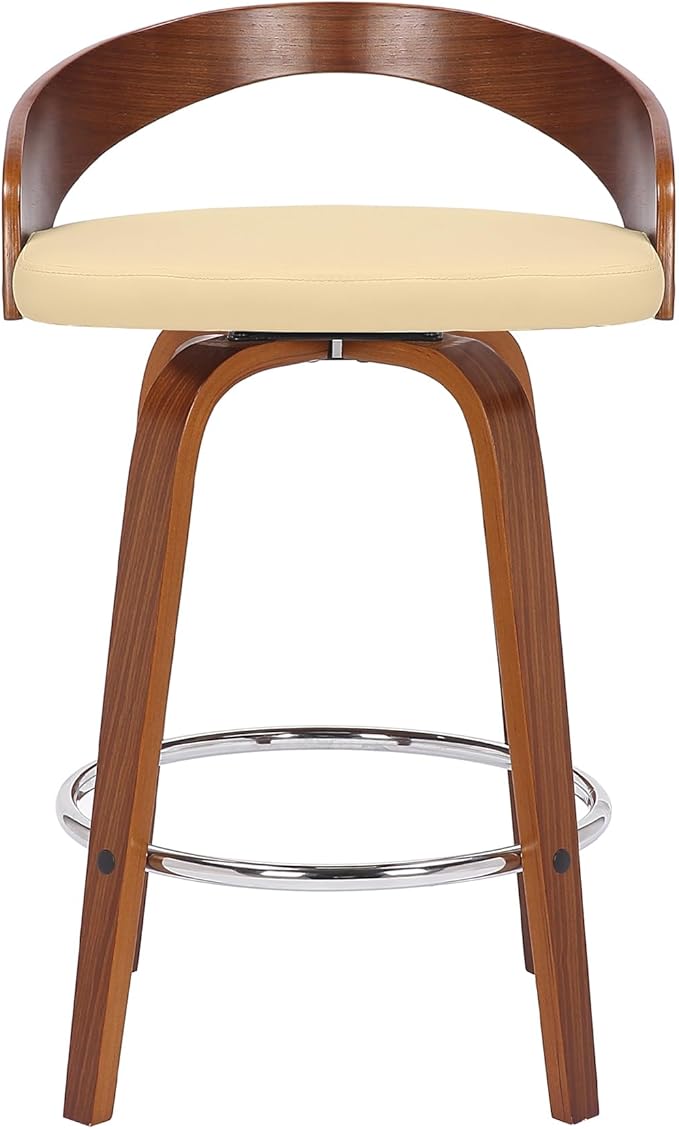 Armen Living Sonia 26" Counter Height Swivel Cream Faux Leather and Walnut Wood Bar Stool - Set of 4