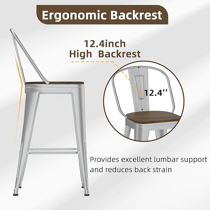 24” Swivel Bar Stools Set of 4, Counter Height Bar Stools Wooden Seat, Metal Industrial Bar Chairs with High Back for Kitchen Island (Silver)