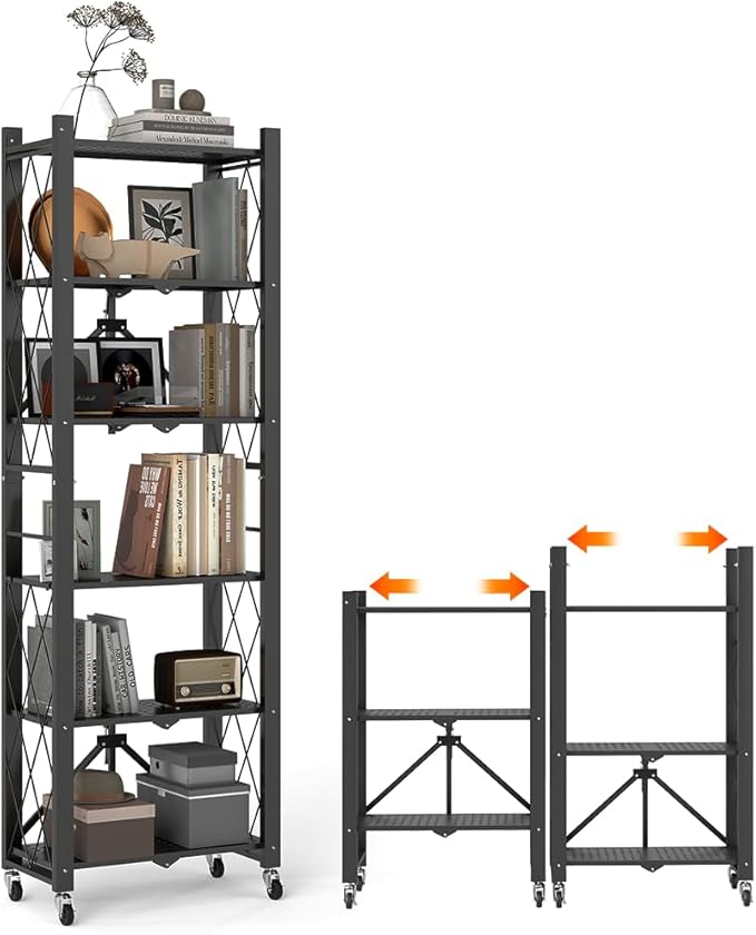 BAYOYONI 6 Tier Industrial Bookshelf - Storage Shelves with Two Usage Modes - Foldable Metal Bookshelves for Living Rooms, Offices, and Bedrooms (Black, 6 Tier)