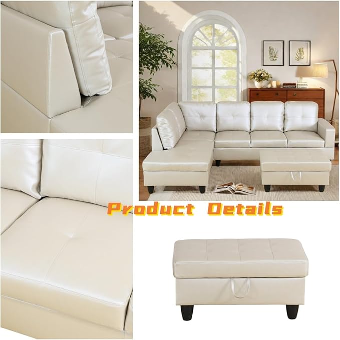 L Shaped Sectional Couch with Otttoman, 97" Leather Sectional Sofa for Living Room Modular Couches with Cup Holders for Bedroom, Apartments, Light Grey