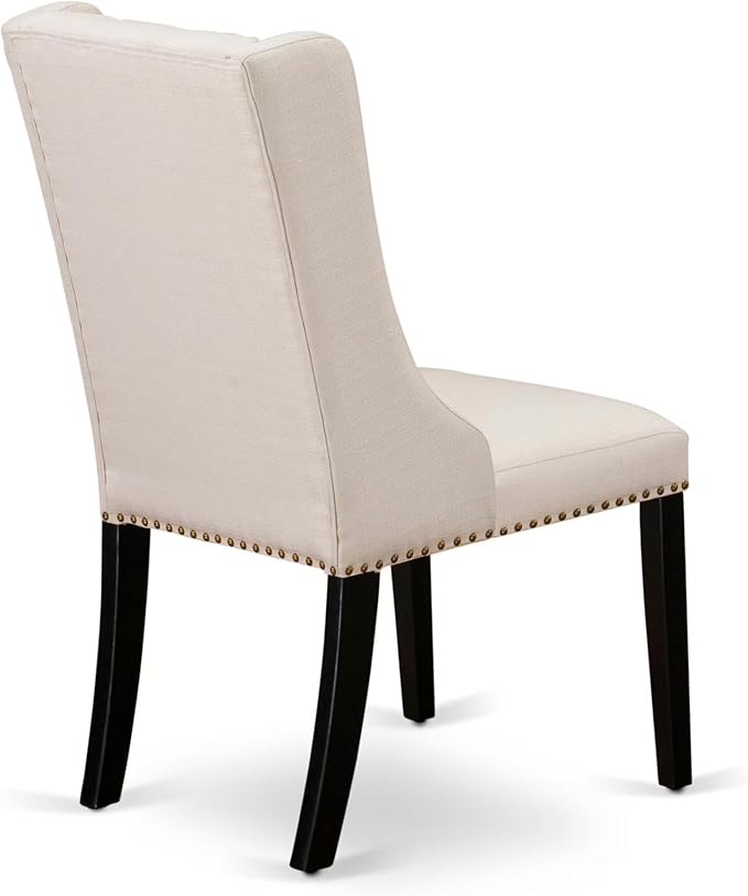 NKFO7-SBB-01-7-Piece Dining Set Consists of a Dining Table and 6 Cream Linen Fabric Kitchen Chairs & Black Legs with Button Tufted Back - Sand Blasting Black Finish.