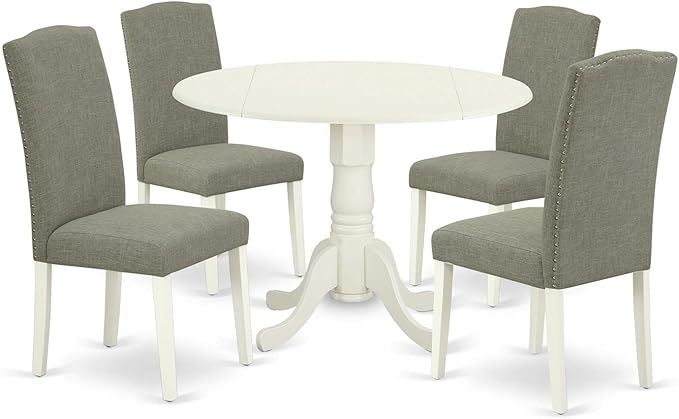 East West Furniture DLEN5-LWH-06 5 Piece Kitchen Table & Chairs Set Includes a Round Dining Table with Dropleaf and 4 Dark Shitake Linen Fabric Upholstered Chairs, 42x42 Inch, Linen White