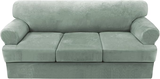 H.VERSAILTEX Sofa Cover 4 Piece T Cushion Sofa Slipcovers Thick Velvet Couch Cover Stretch T Cushion Sofa Covers for 3 Cushion Couch with 3 Individual T Cushion Covers Washable, Sea Grass