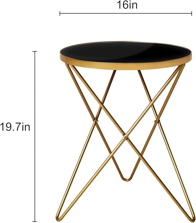 HLR Modern Round Side Table, End Table with Marble Effect Top and Gold Metal Frame, Small Side Table for Living Room, Bedroom, Sofa and Couch, Gold Legs, Black Glass top