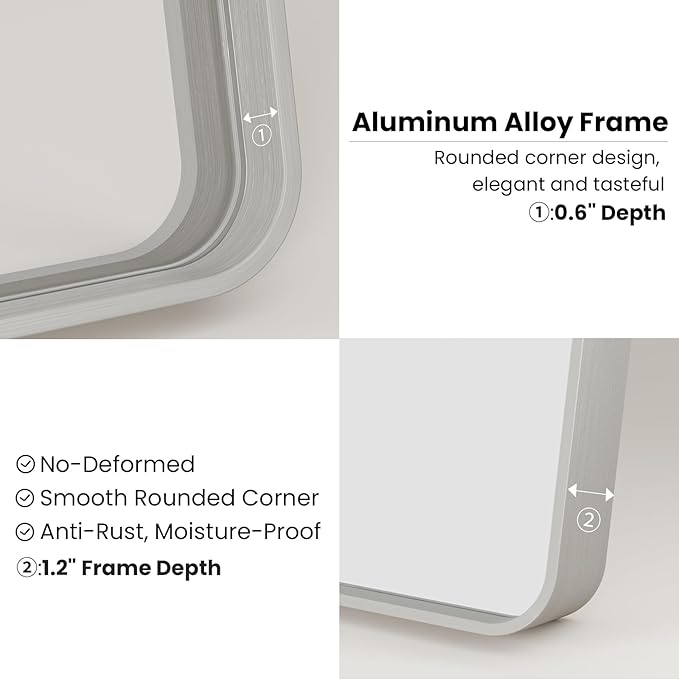 Brushed Nickel Bathroom Mirror 28x36 Inch, Brushed Silver Metal Frame Mirror Wall Mounted, Rounded Rectangle Bathroom Vanity Mirror, Tempered Glass, Anti-Rust, Horizontal/Vertical