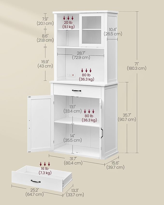 VASAGLE 71" Kitchen Pantry Cabinet with Lights and Charging Station, Coffee Bar Cabinet with Doors and Drawer, Farmhouse Style, Adjustable Shelves, Cloud White UBBK363W11
