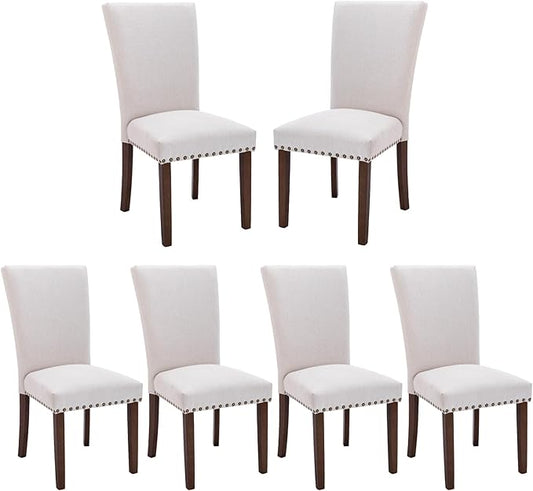 COLAMY Upholstered Fabric Dining Chairs Set of 6, High Back Padded Chairs w/Nailed Trim & Solid Wood Legs, Classic Parsons Chairs Side Chair for Home/Kitchen/Living Room-Beige (A420-BEIGE-6pcs)